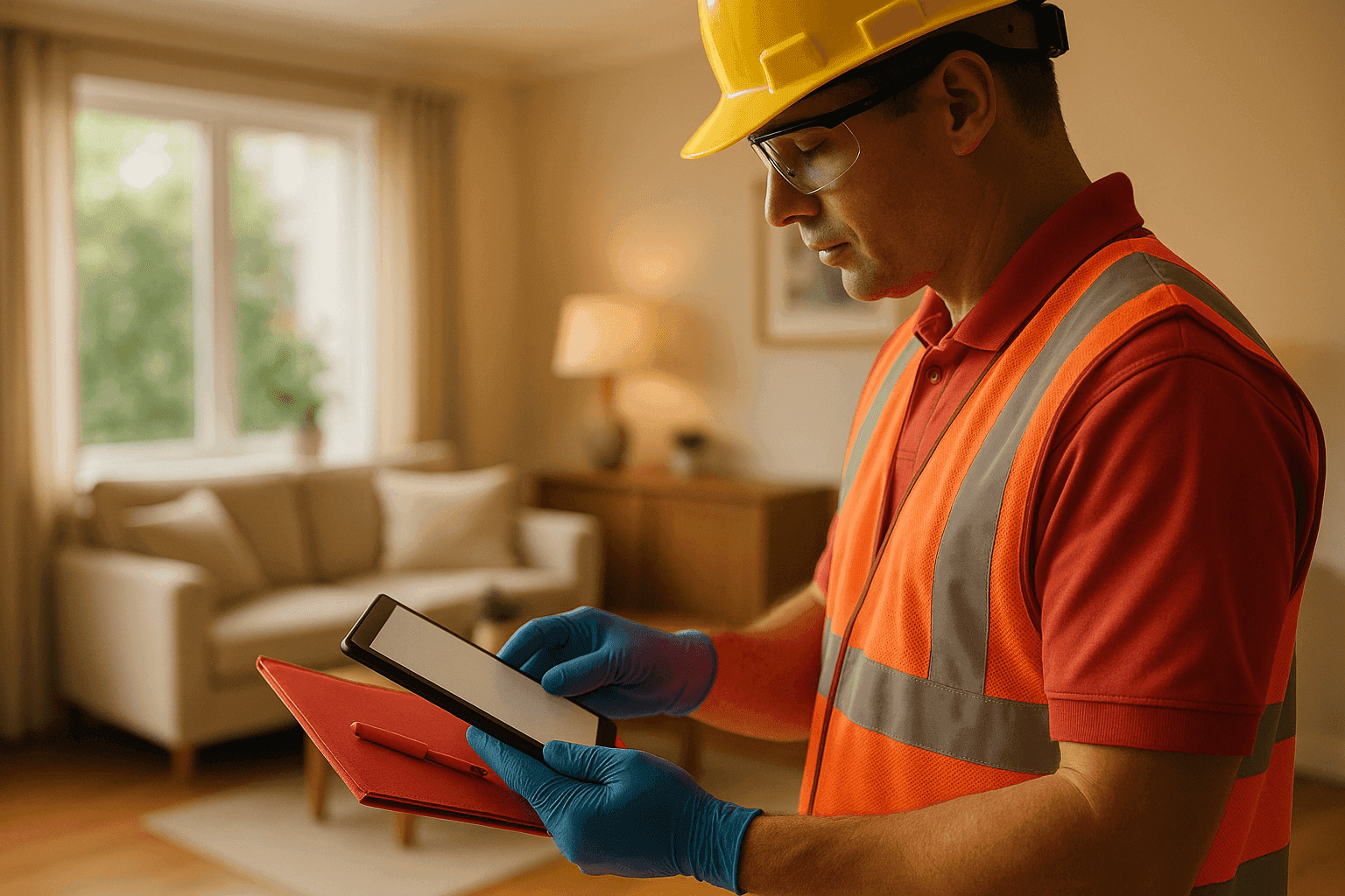 Professional in PPE reviewing documents in a warm, safe residential setting for life insurance