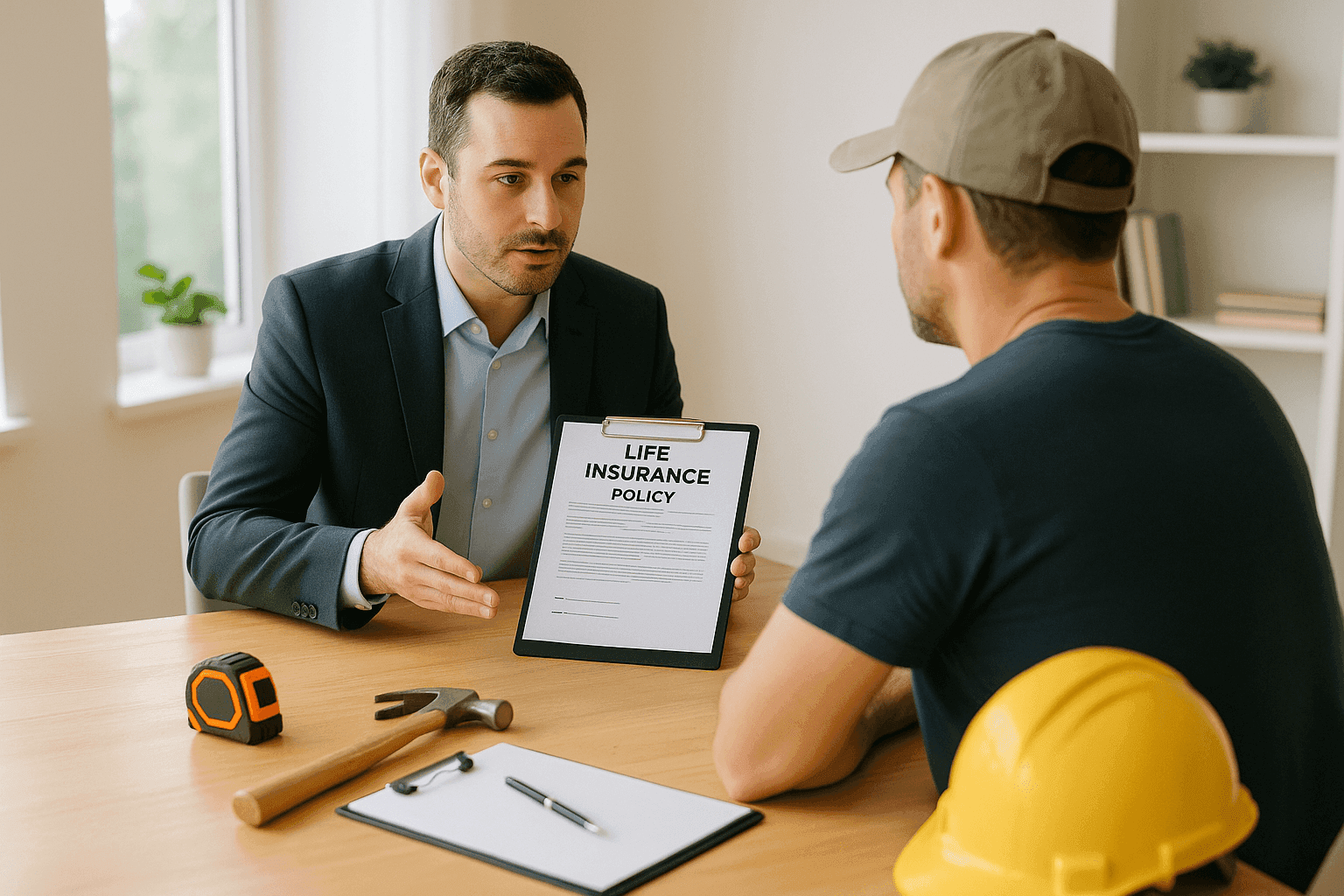 Insurance agent explaining life insurance riders to a homeowner