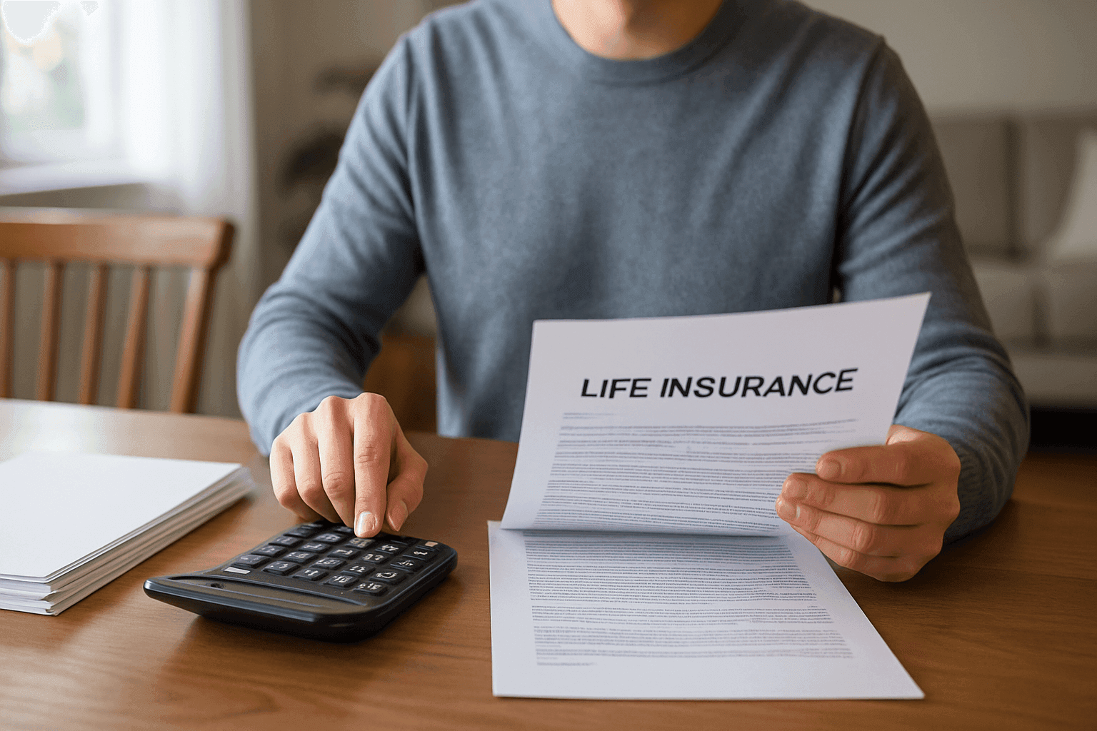 Homeowner calculating life insurance costs with paperwork and calculator